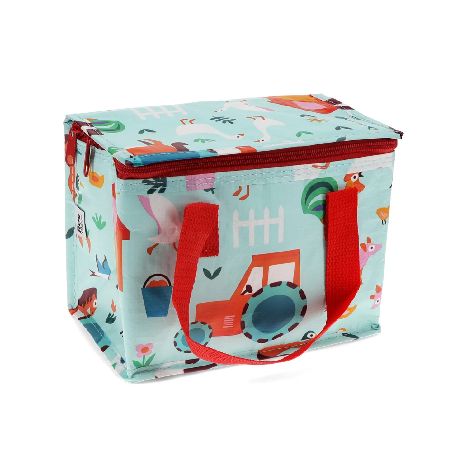 Insulated lunch bag with cartoon vehicle design and red handles on a white background
