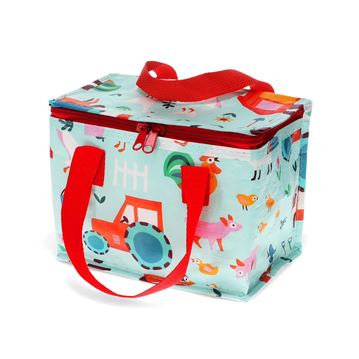 Children&#39;s lunch bag with animal and vehicle pattern on a light blue background