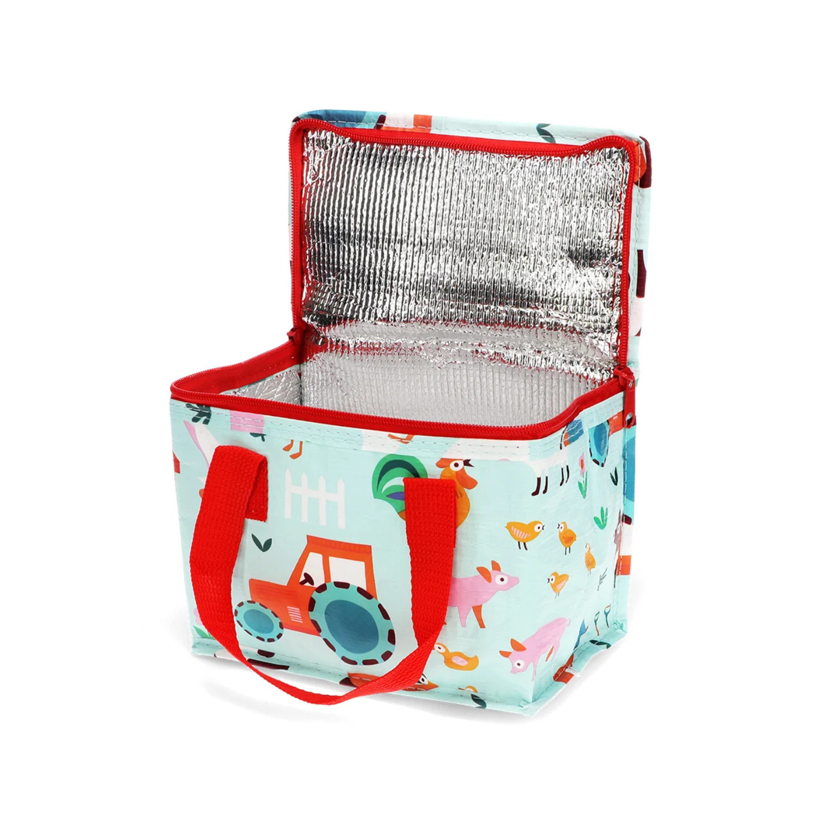 Insulated lunch bag with animal pattern and red handles on a white background