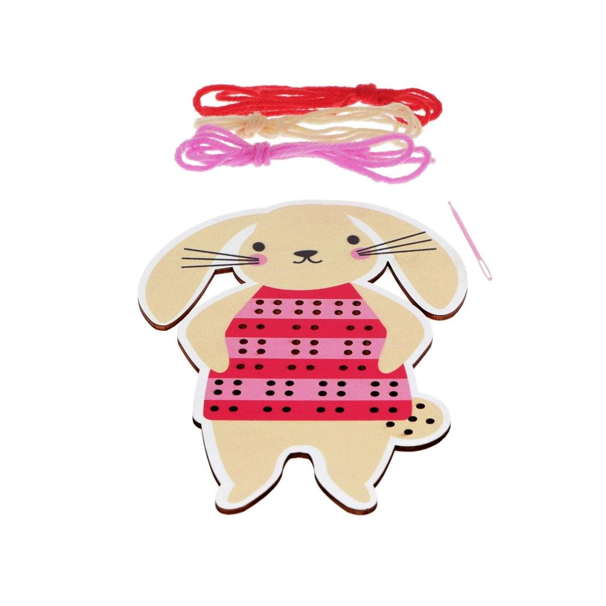 A kids sewing set designed for beginners, showing a wooden bunny rabbit board with pre-punched holes and colourful thread for easy hand-stitching.