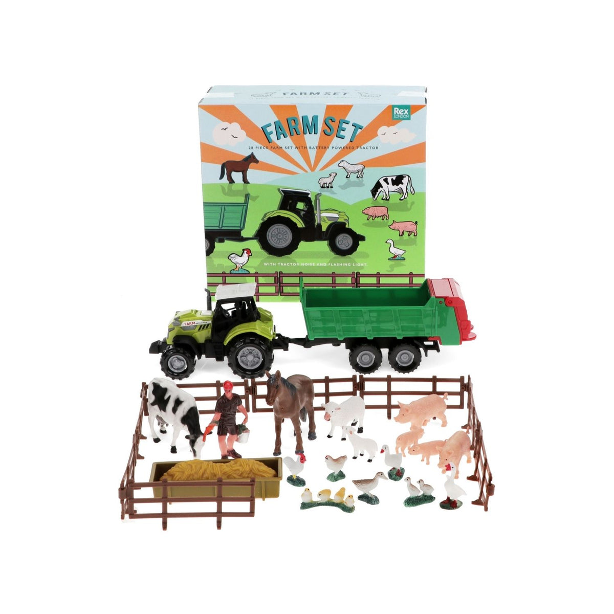 Toy farm set with animals and a truck in front of its packaging