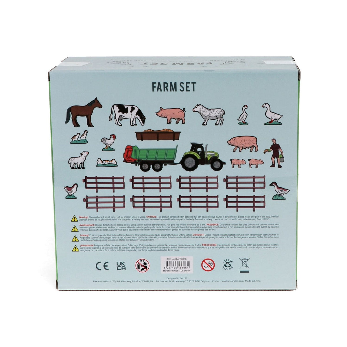 Box back of a farm set with illustrations of animals and structures on a light blue background.