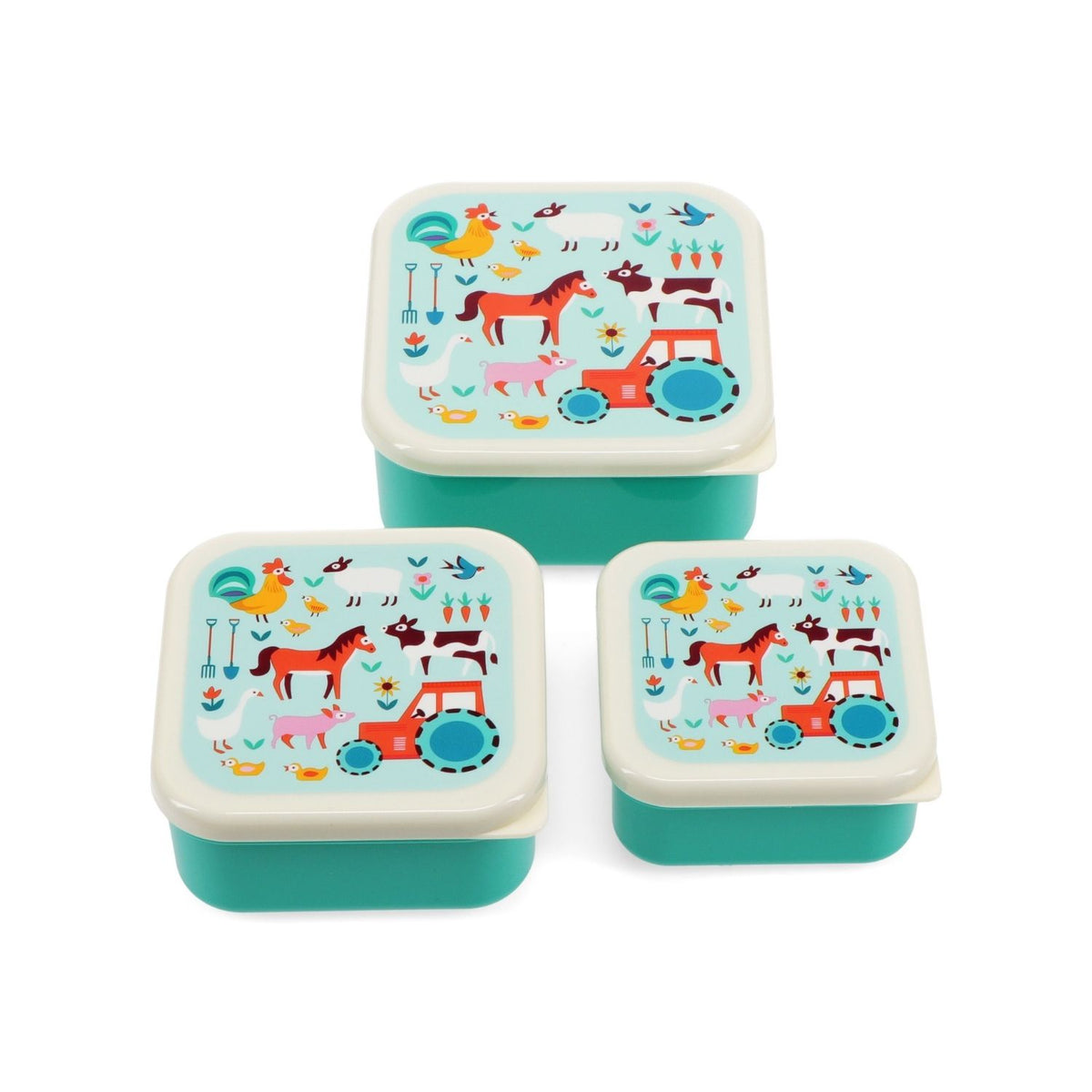 Set of three snack containers with horse and farm animal designs on a white background