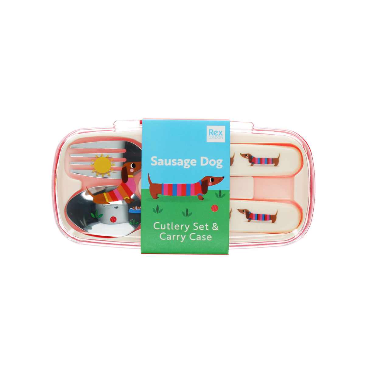 Sausage dog-themed cutlery set with carrying case on a white background