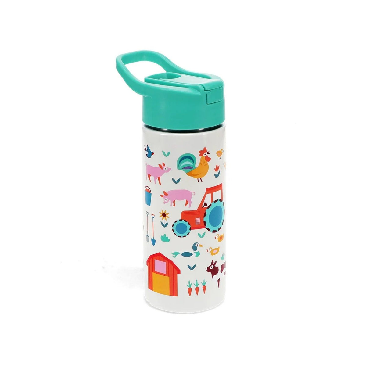 Children&#39;s water bottle with farm animal design and teal lid on a white background