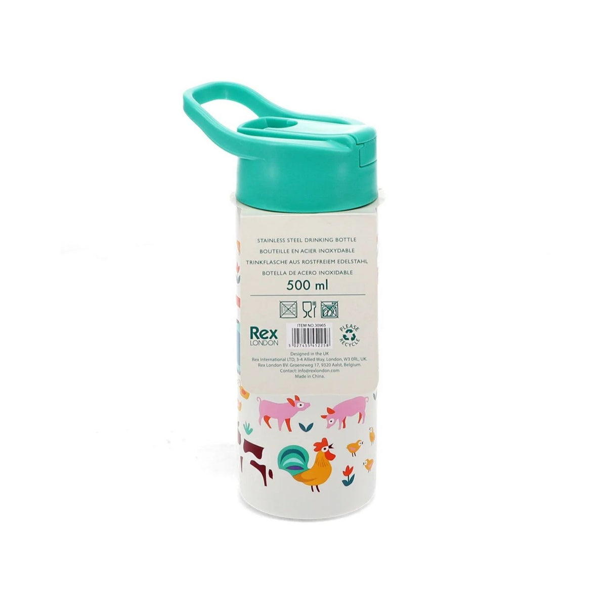 Children&#39;s drinking bottle with teal lid and farm animal design on a white background
