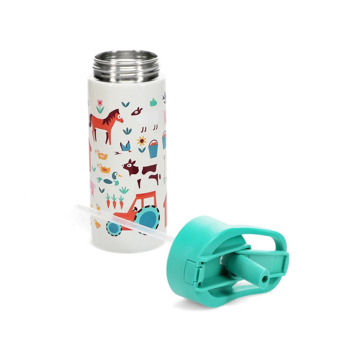 White thermos with colorful animal pattern and turquoise cap on a white background