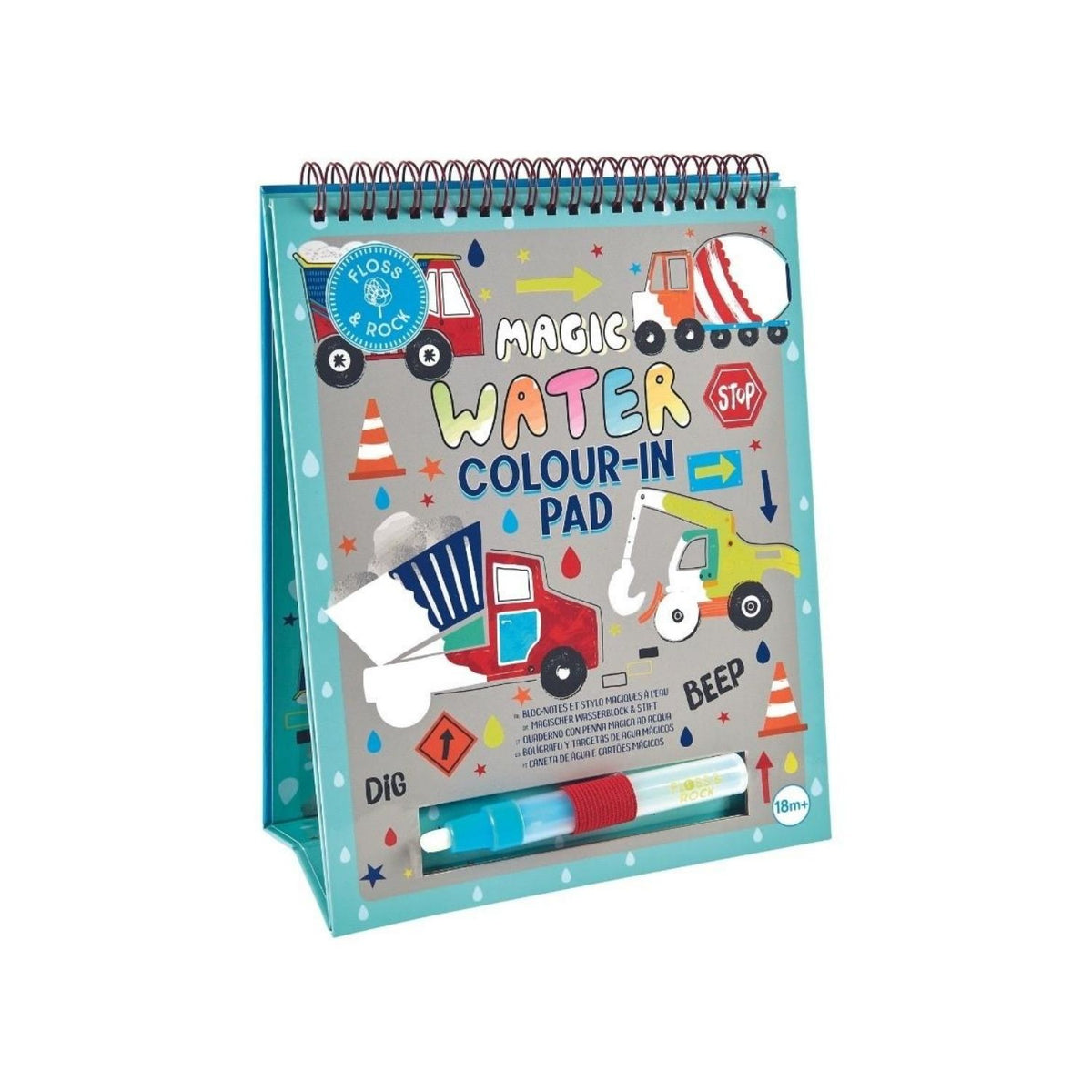 Magic water colour-in pad with construction vehicle design on a white background