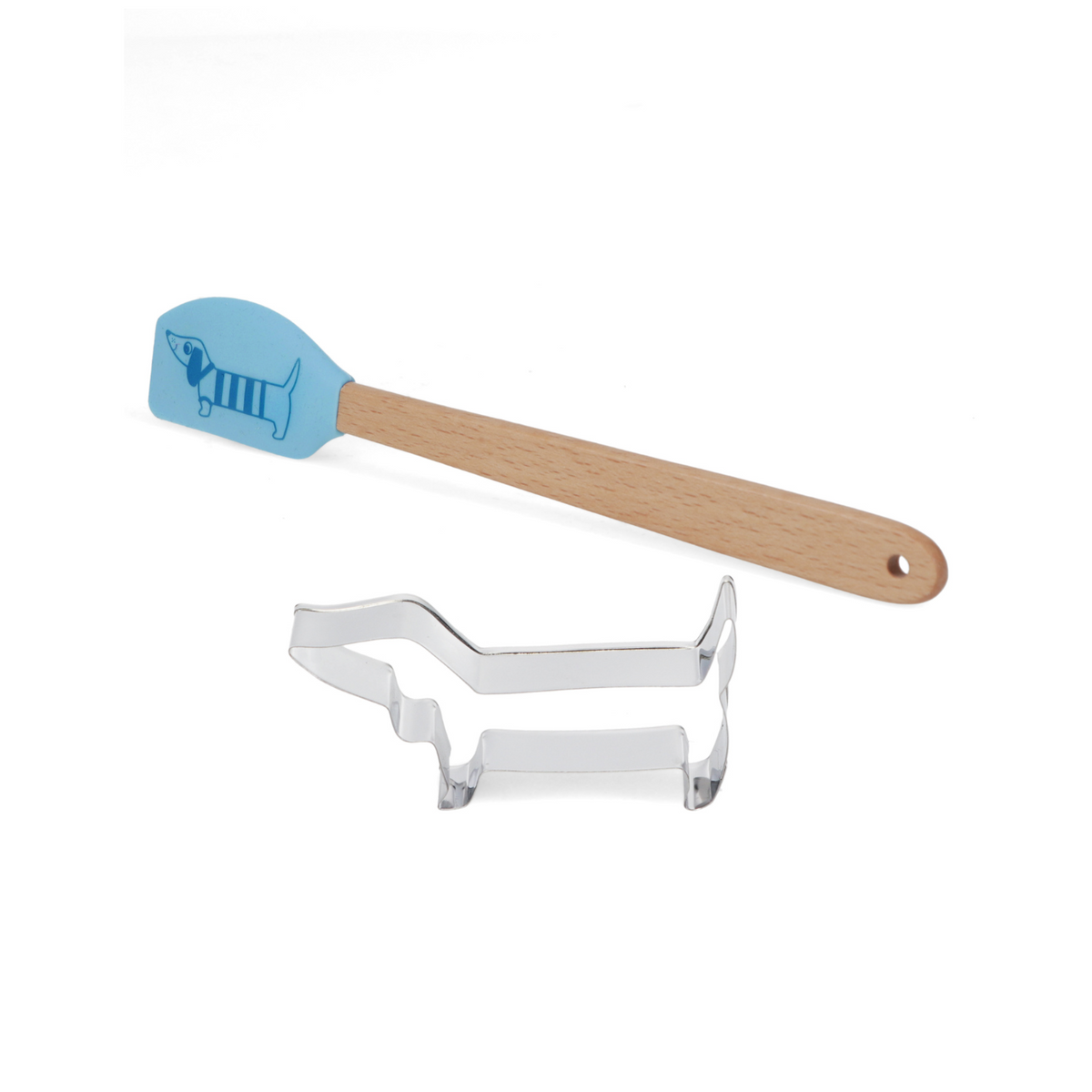 Blue spatula with wooden handle and metal sausage dog cookie cutter