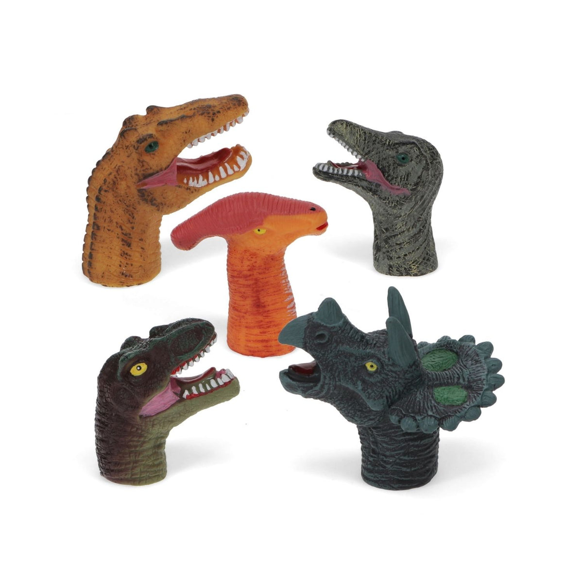 Set of colorful dinosaur finger puppets on a white background