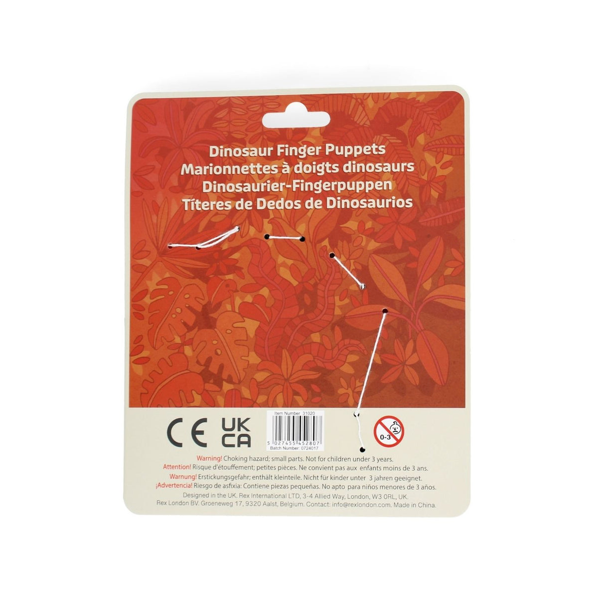 Packaging of dinosaur finger puppets with a red and beige design.