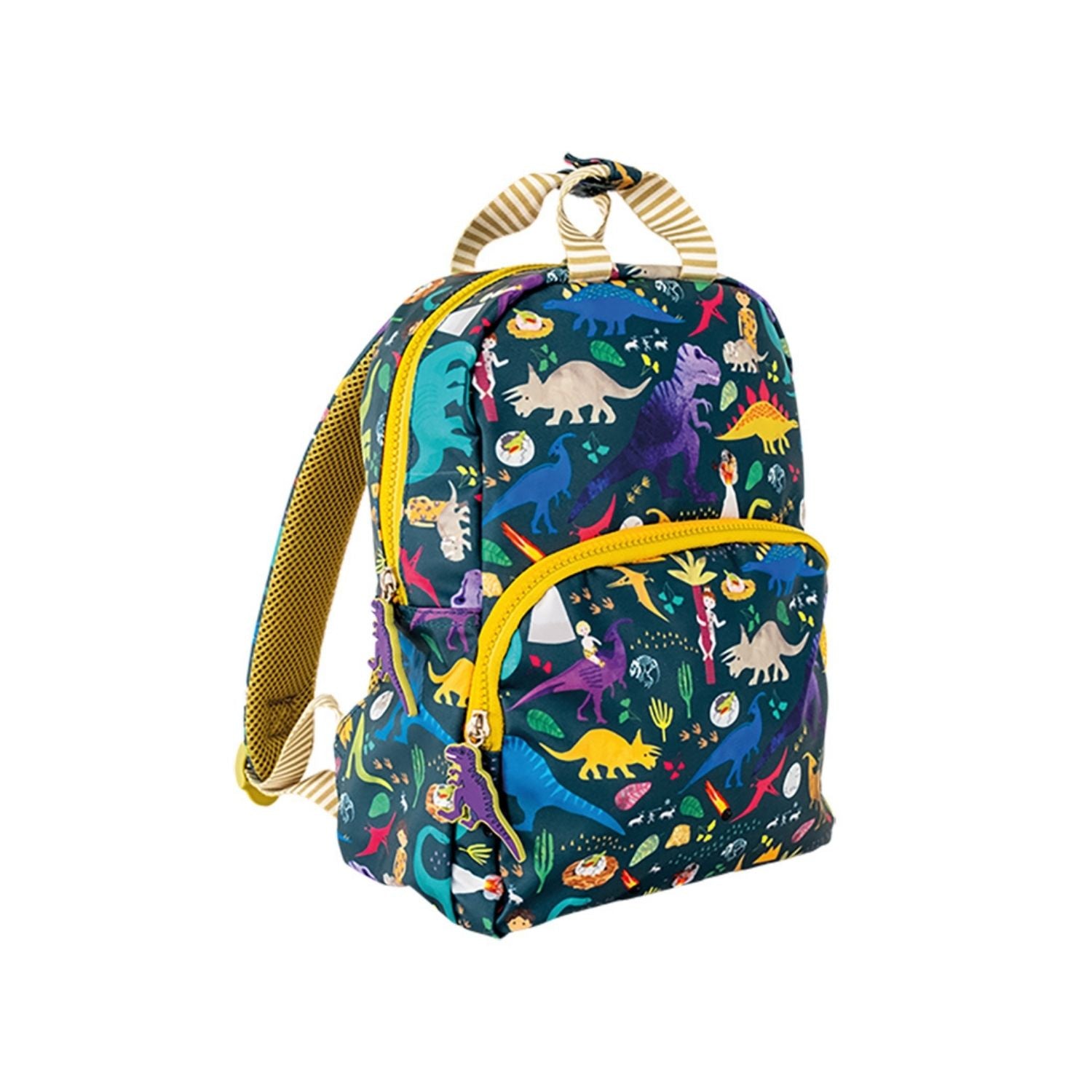 Backpack with colorful dinosaur pattern on a white background