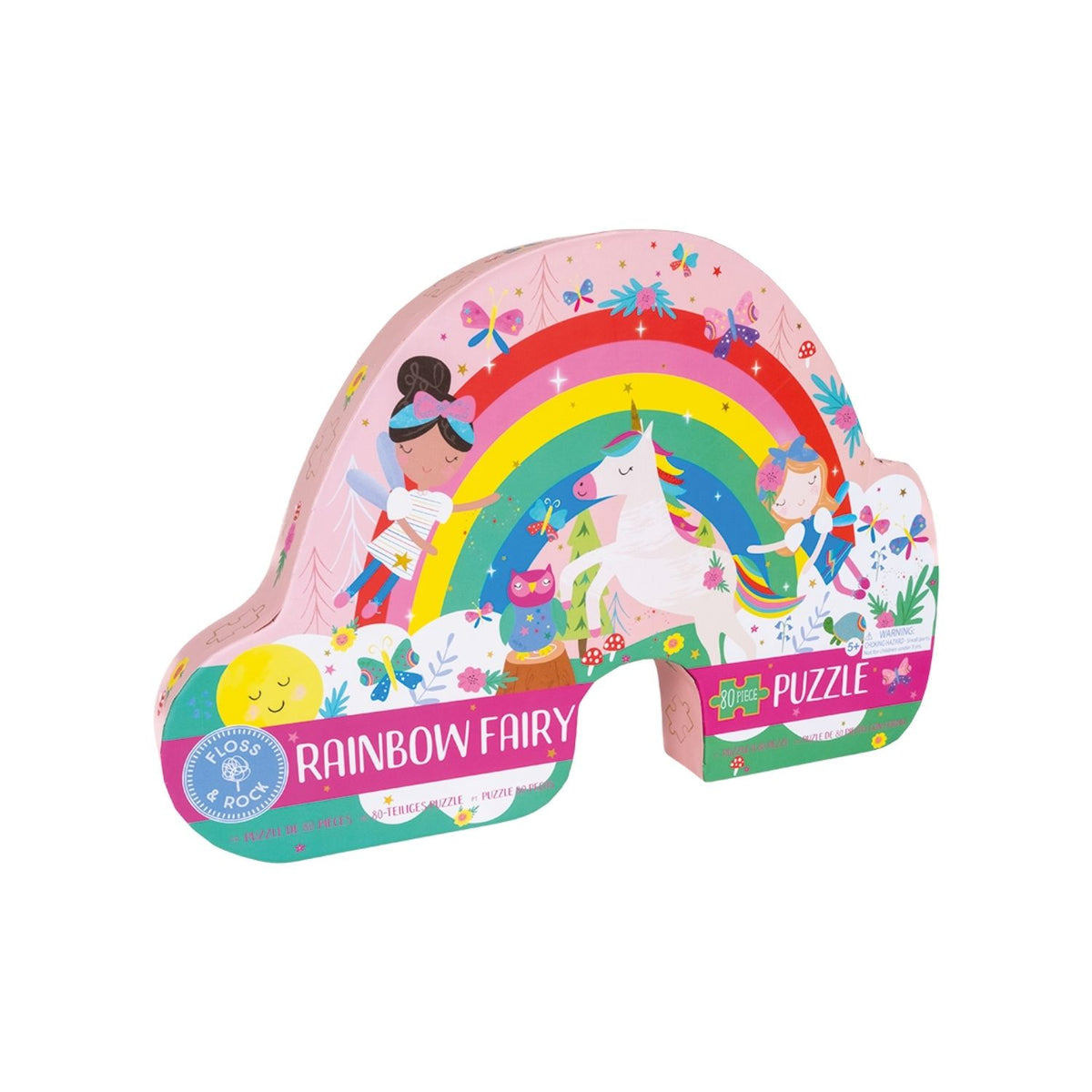 Children&#39;s puzzle with a rainbow and fairy design on a white background