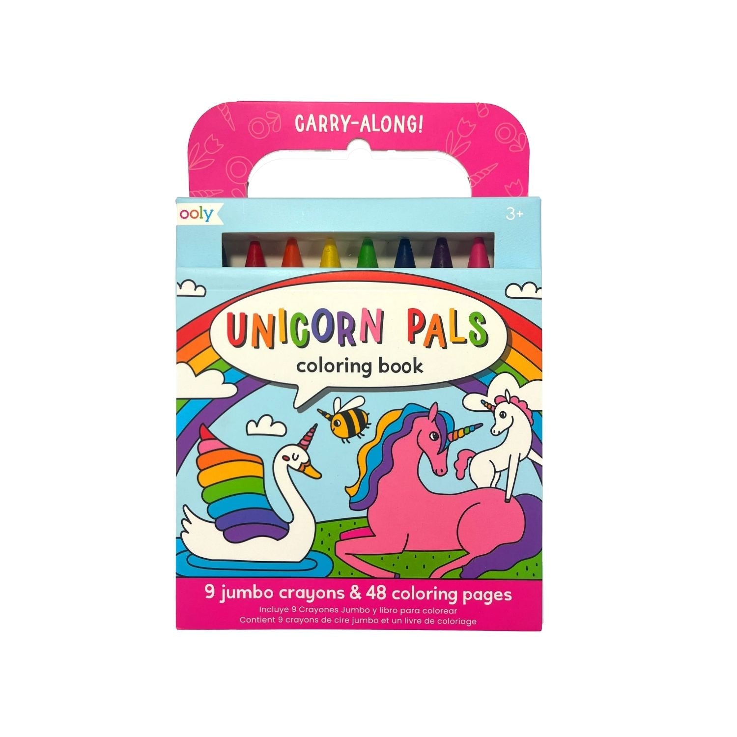 A carry along coloring book and crayon set for kids, with a theme of unicorn pals. The packaging shows illustrations of unicorns and a crayon box with a handle.