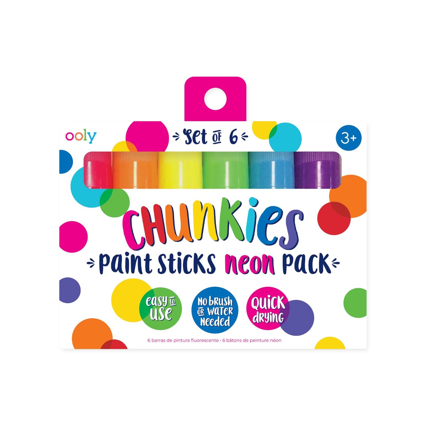 A pack of six Chunkies Paint Sticks in neon colors, with no brush or water needed for use. The packaging is colorful with polka dots and the product name is prominently displayed.