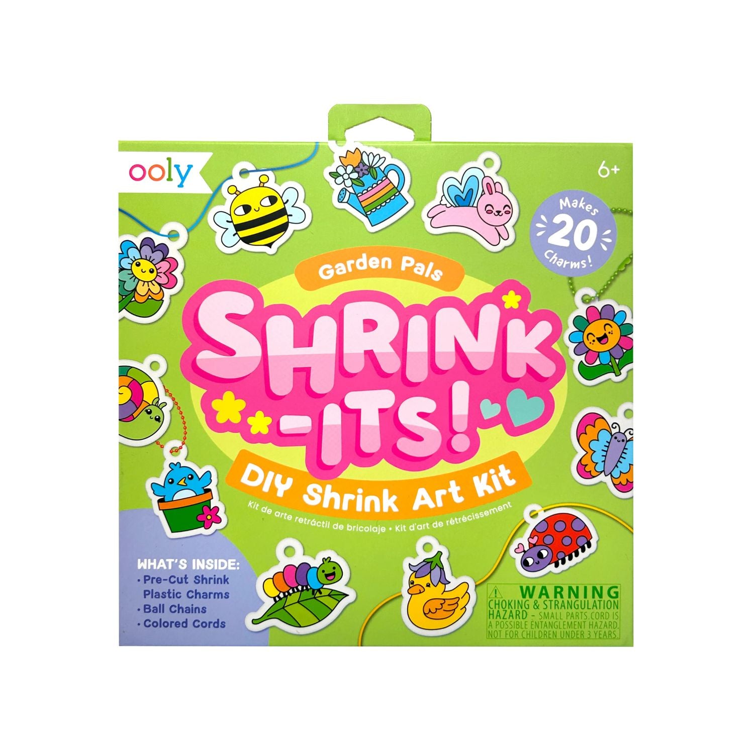 Packaging for Shrink-Its! DIY Shrink Art Kit featuring garden pals designs, with illustrations of a bunny, bee, and flower. The kit is for coloring, baking, and shrinking to create charms.