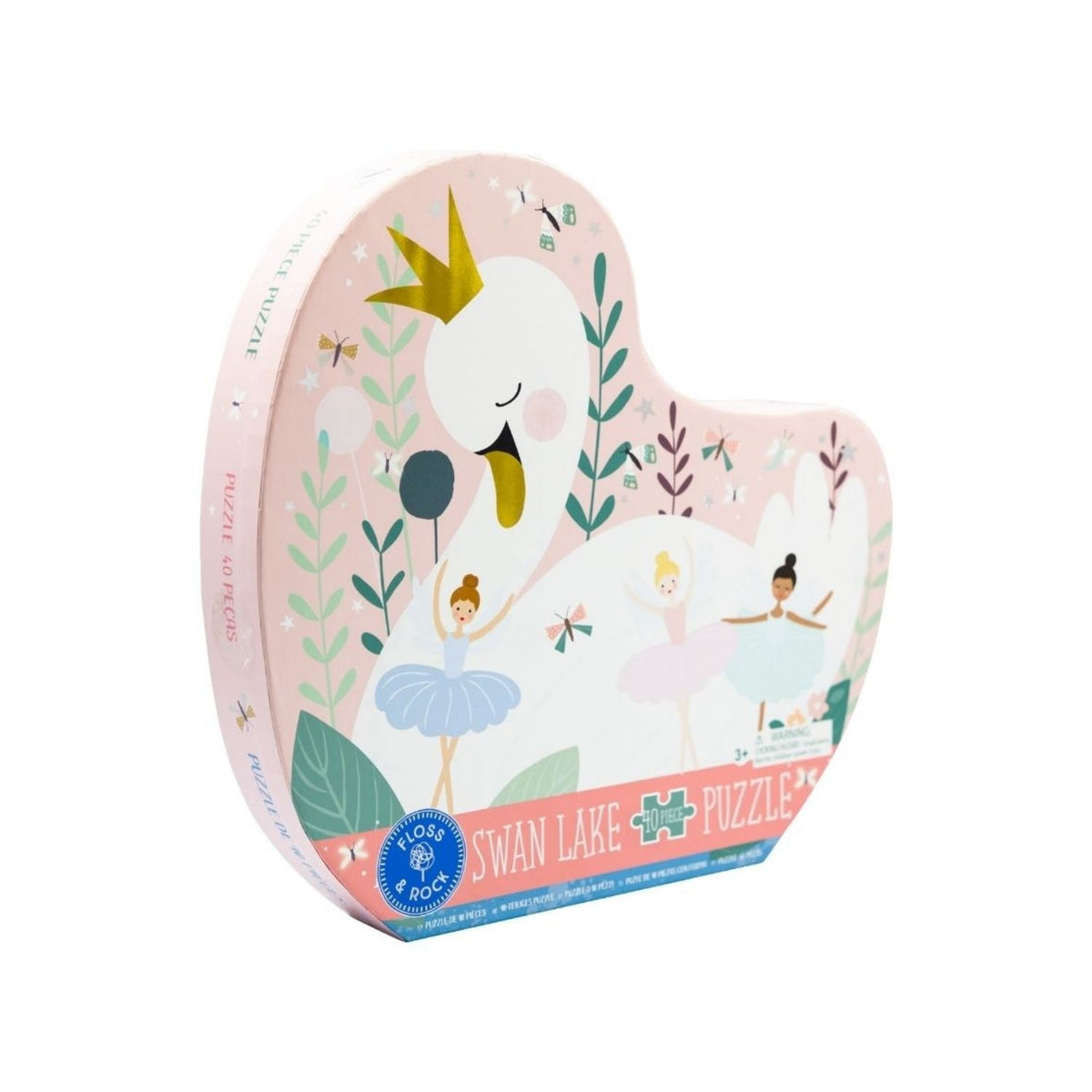 Heart-shaped puzzle box with illustrations of a swan, princess, and castle on a white background