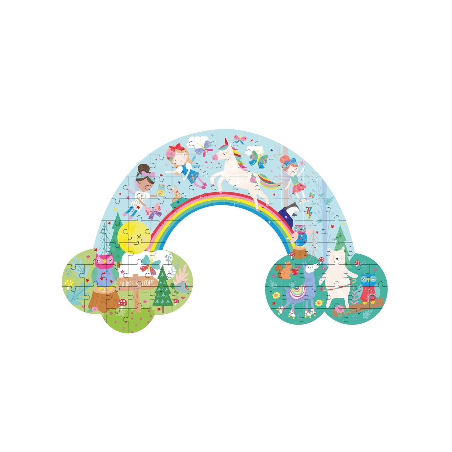 Children's puzzle with a rainbow and cartoon characters on a white background