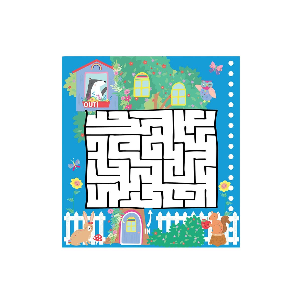 Children&#39;s maze game with cartoon animals and colorful border on a white background