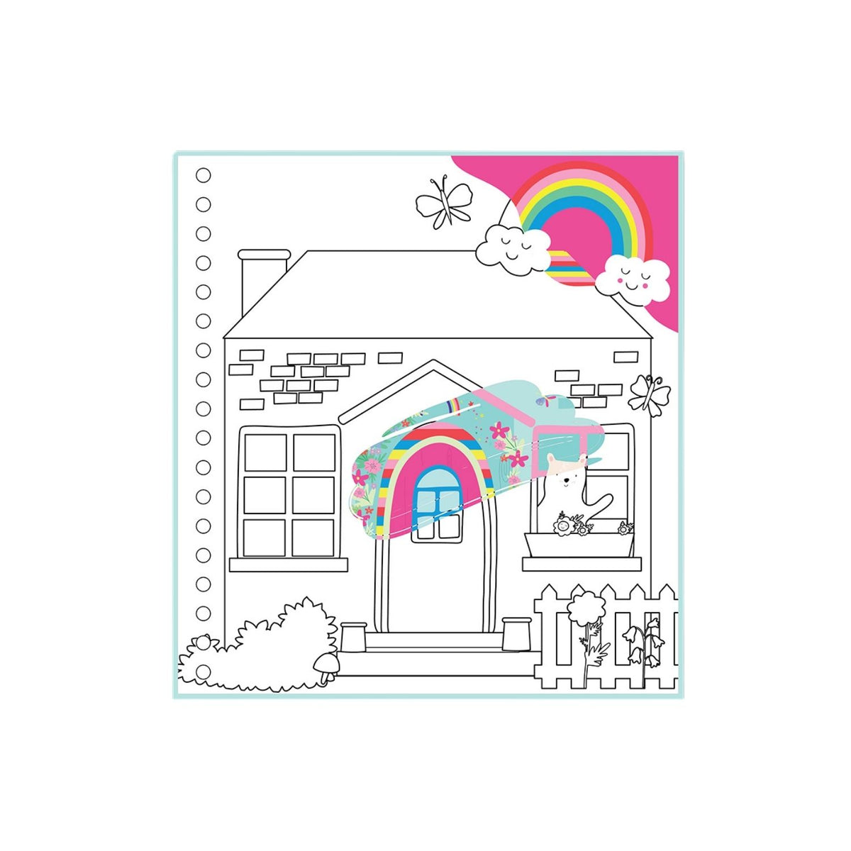 Coloring book page with a house, rainbow, and clouds
