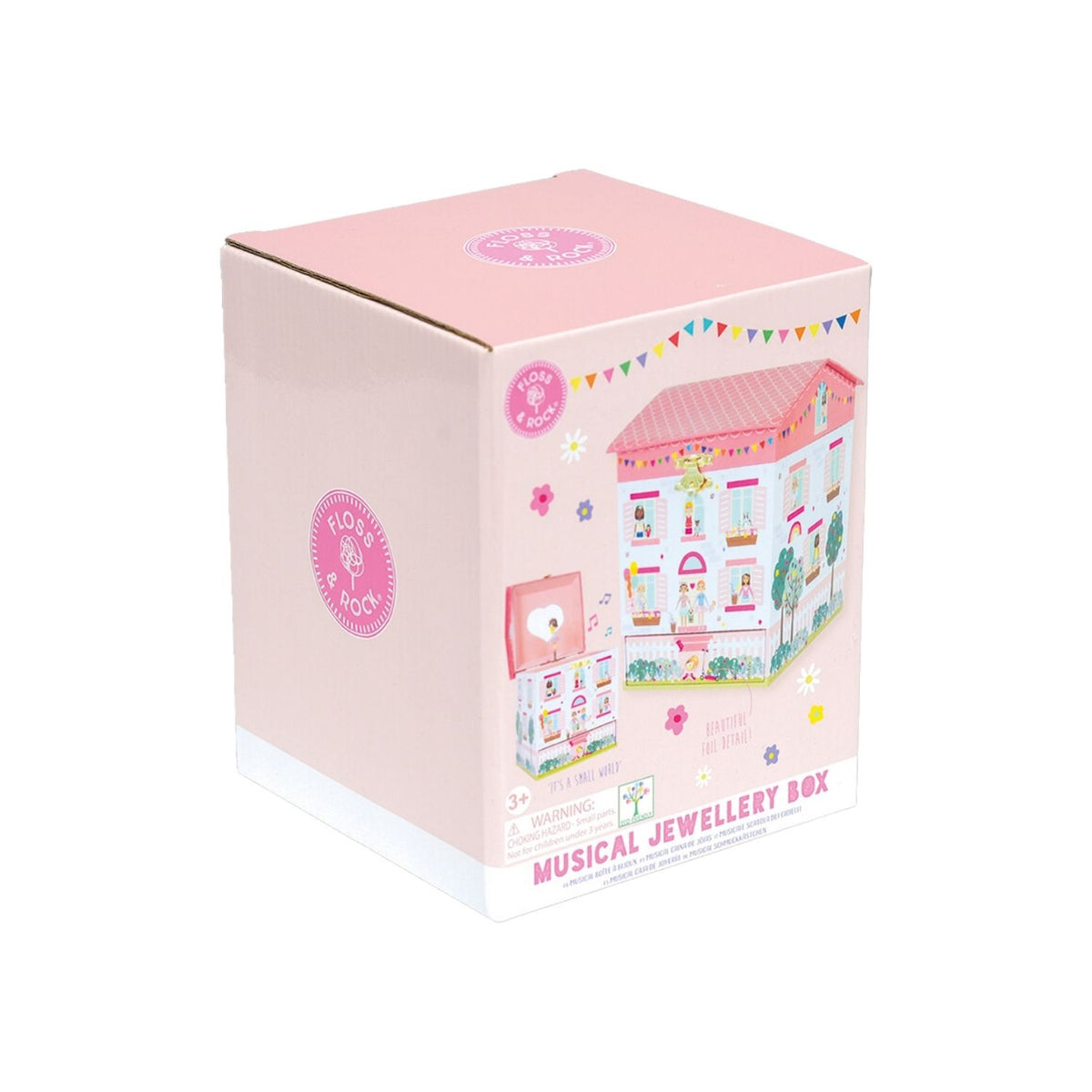 Pink musical jewelry box packaging with a miniature house illustration on a white background
