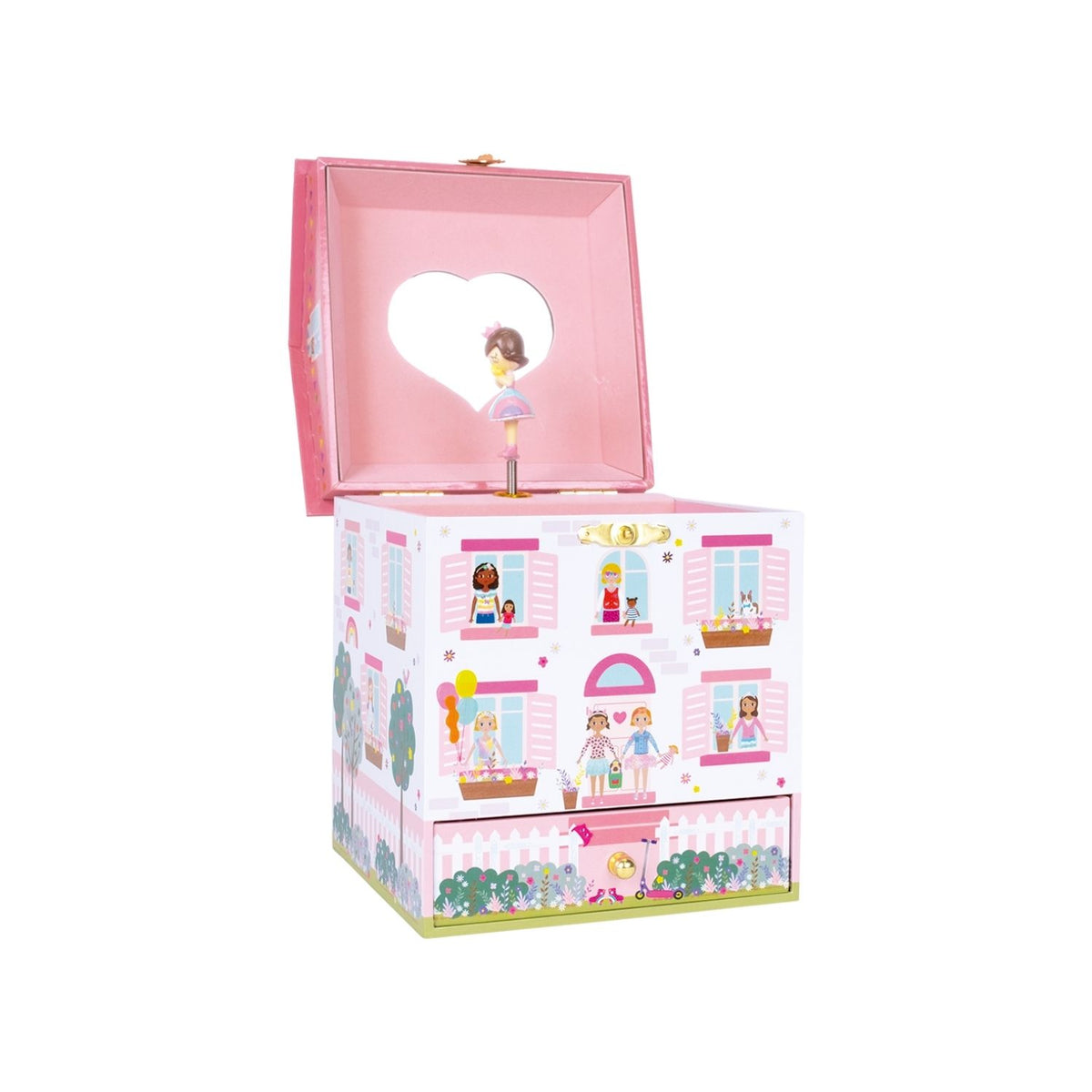 Pink toy box with a heart-shaped window and illustrated design on a white background