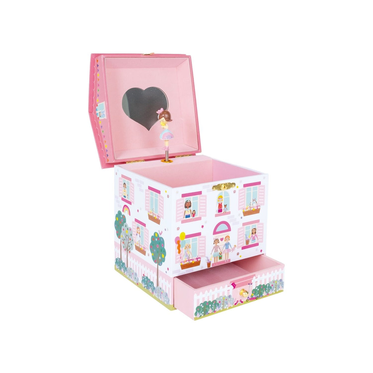 Pink toy box with fairy tale design on a white background