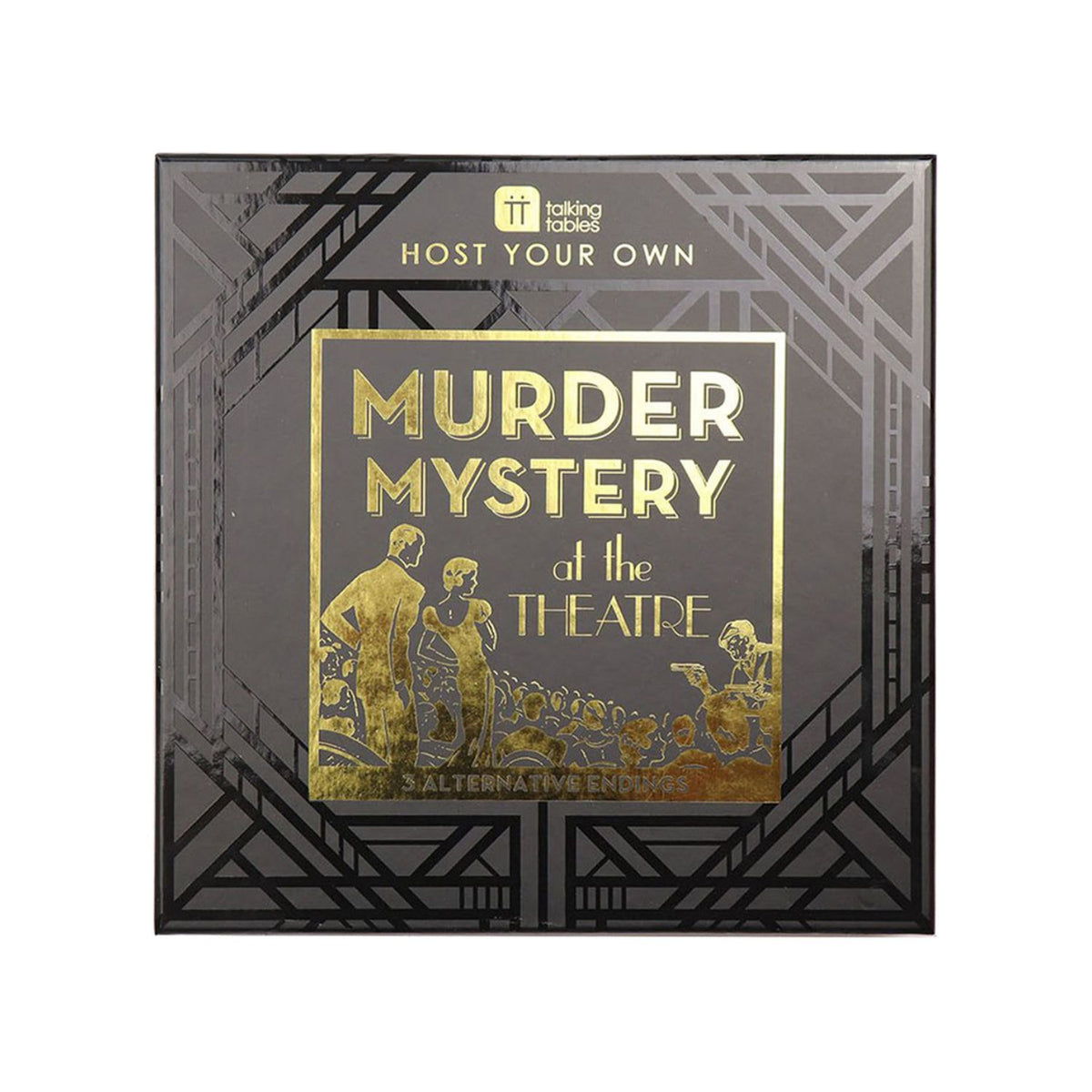 Box for &#39;Host Your Own Murder Mystery at the Theatre&#39; with gold text on a black background