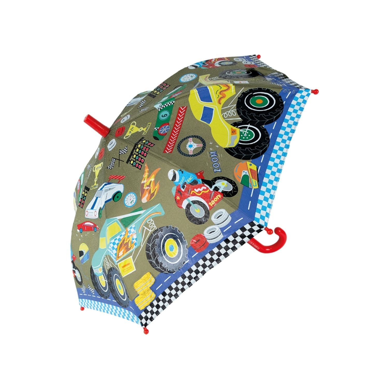 A color changing umbrella with a pattern of cars, motorbikes, and monster trucks in vibrant colors.
