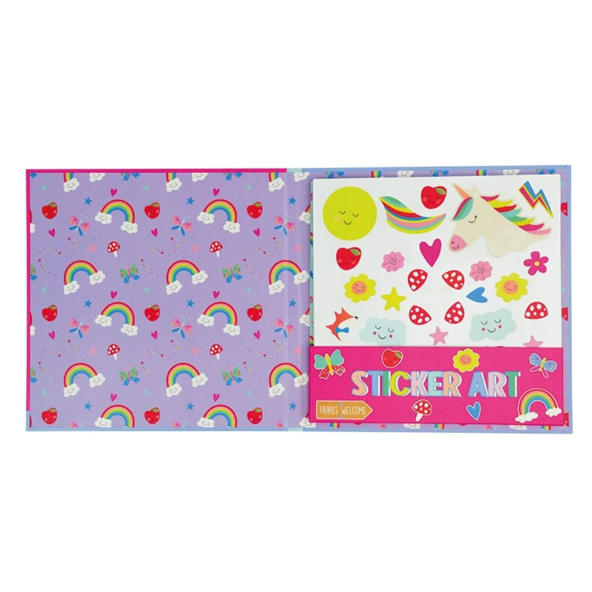 Sticker book with colorful designs on a white background
