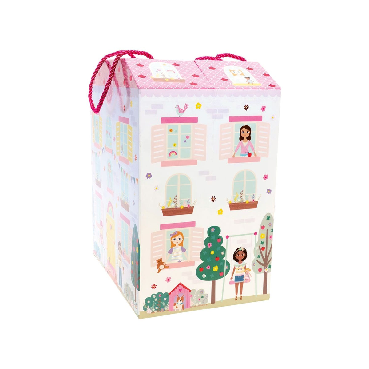 Carton box with illustrations of children and houses on a white background