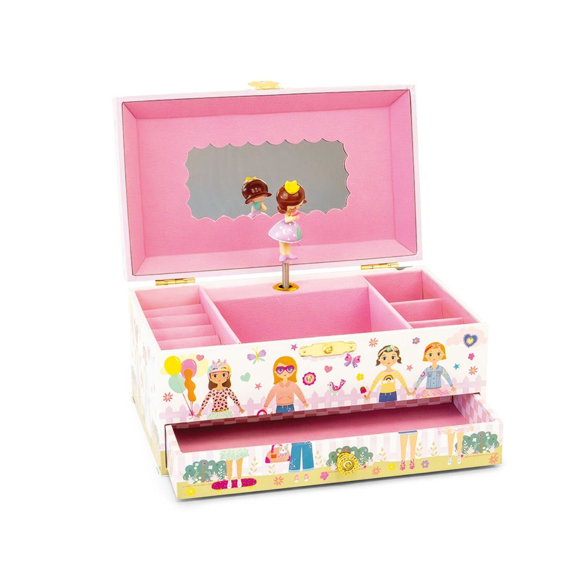 Pink jewelry box with character design on a white background