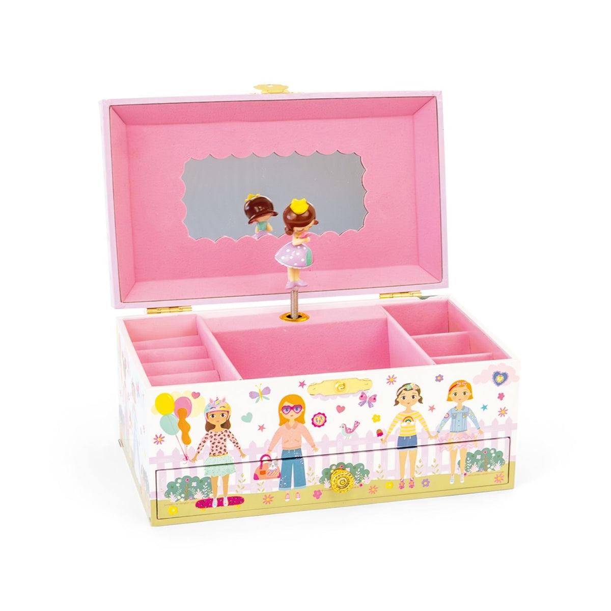 Pink jewelry box with musical feature and character design on a white background