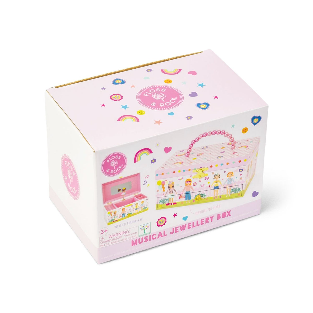 Pink musical jewellery box with colorful illustrations on a white background