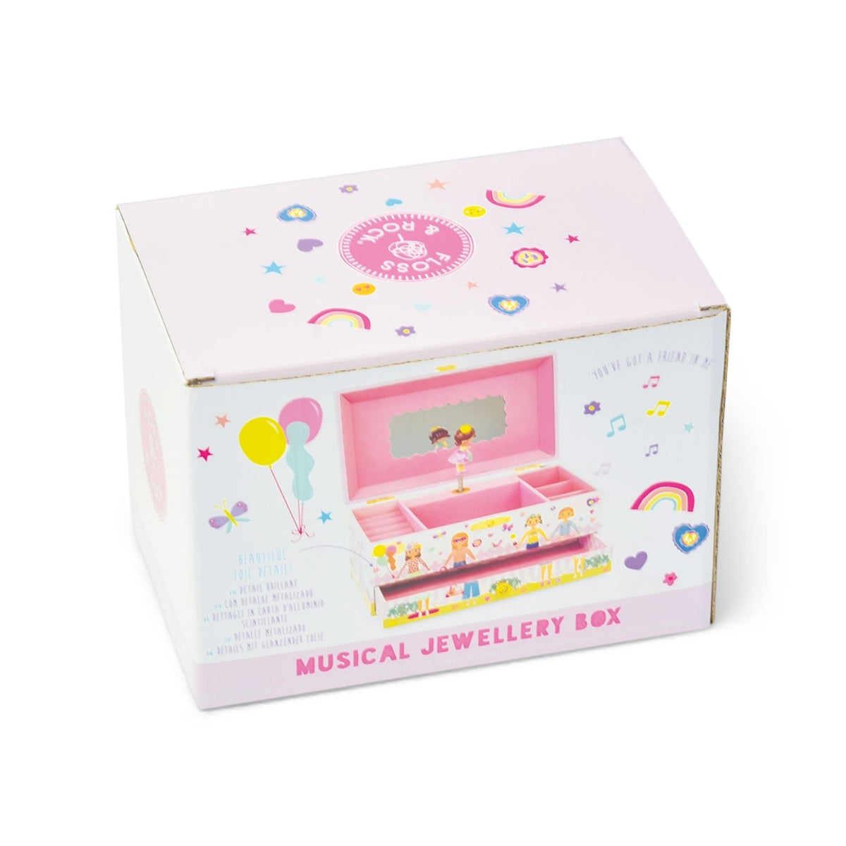 Musical jewellery box packaging with colorful design on a white background