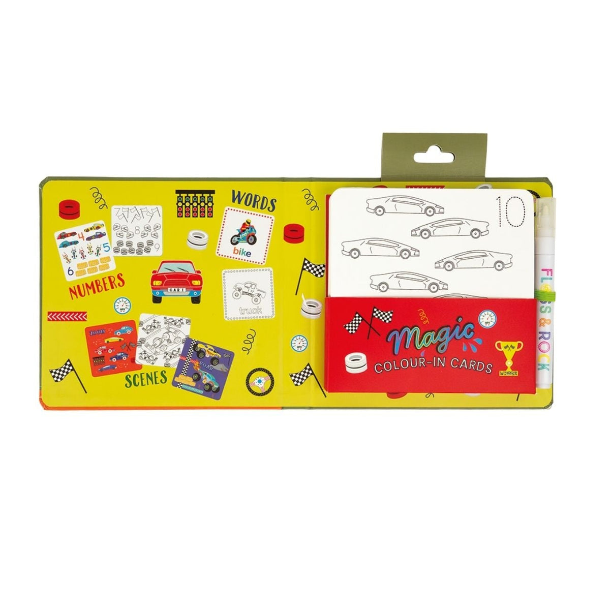 Packaging of Magic Colour-in Cards with colorful design on a white background