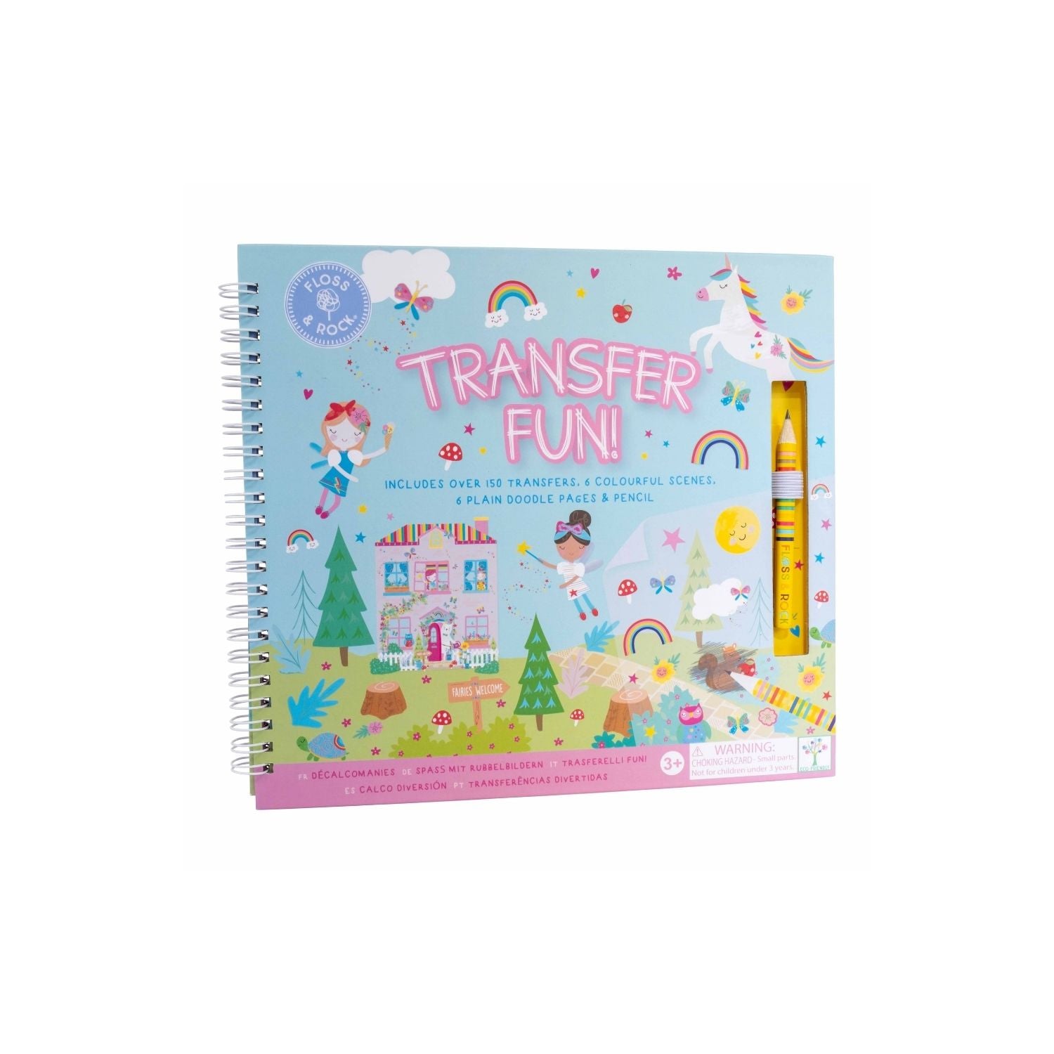 A spiral bound book titled 'TRANSFER FUN' featuring rainbow fairy themed transfers, with colorful illustrations on the cover including fairies and rainbows, accompanied by a yellow pencil.