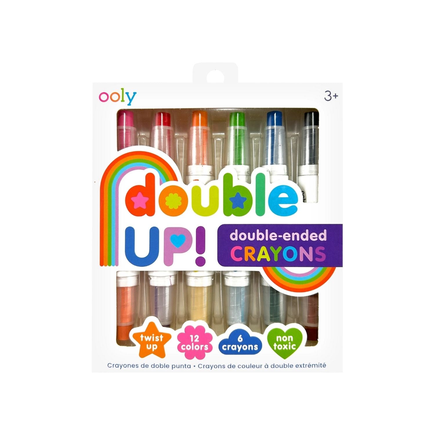 Packaging of 'Double Up! Double-Ended Crayons' by Ooly, displaying 12 colors with a twist up mechanism.