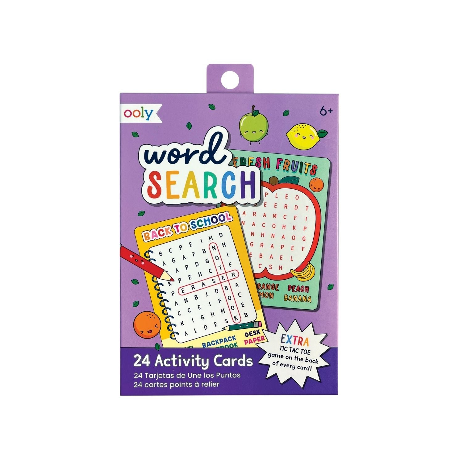 A pack of Word Search Activity Cards featuring 24 puzzle cards with different themes such as back-to-school and breakfast foods. The packaging is colorful with illustrations of fruits and a.