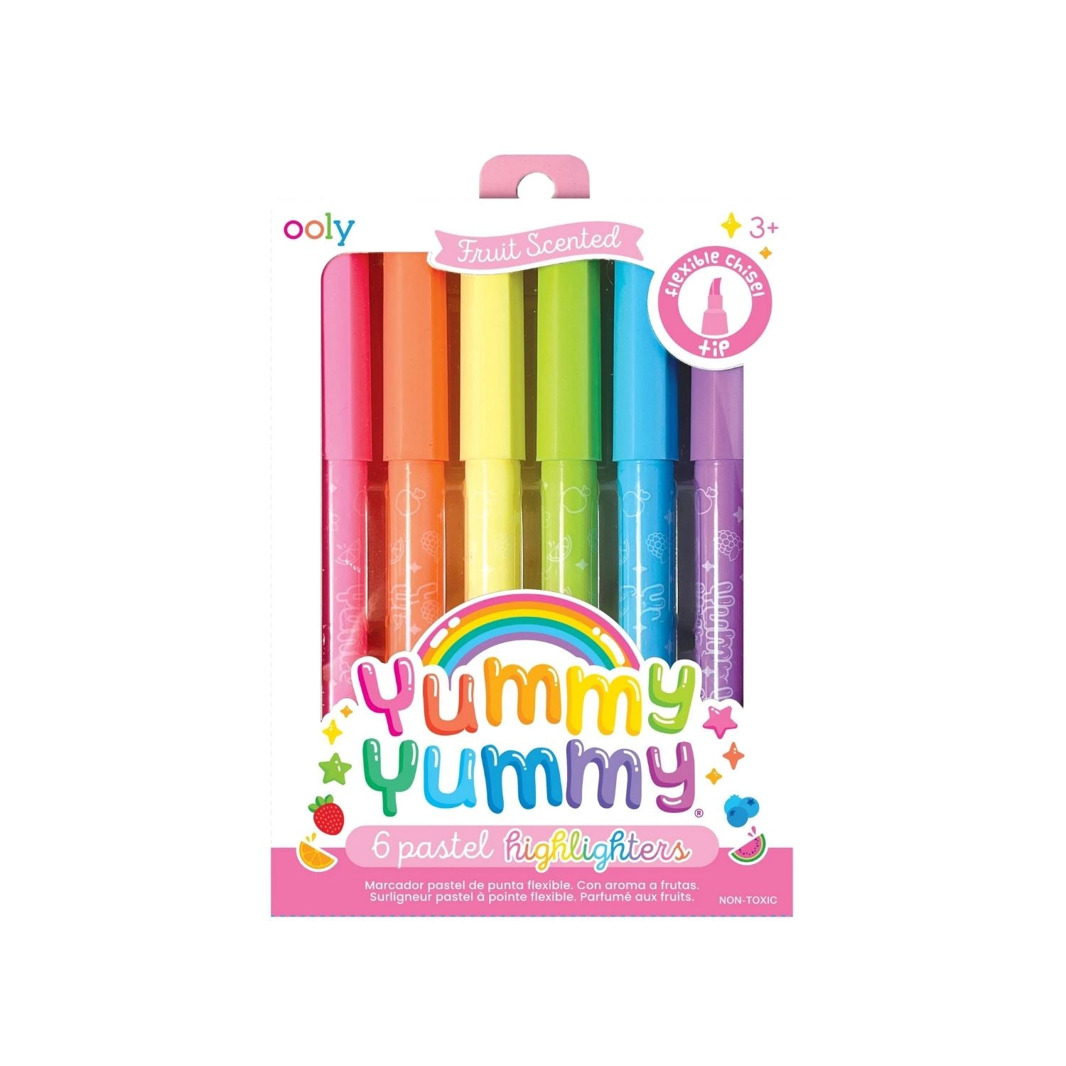 A pack of six Yummy Yummy scented highlighters in pastel colors, sealed in transparent packaging with a label showing the brand and product name.