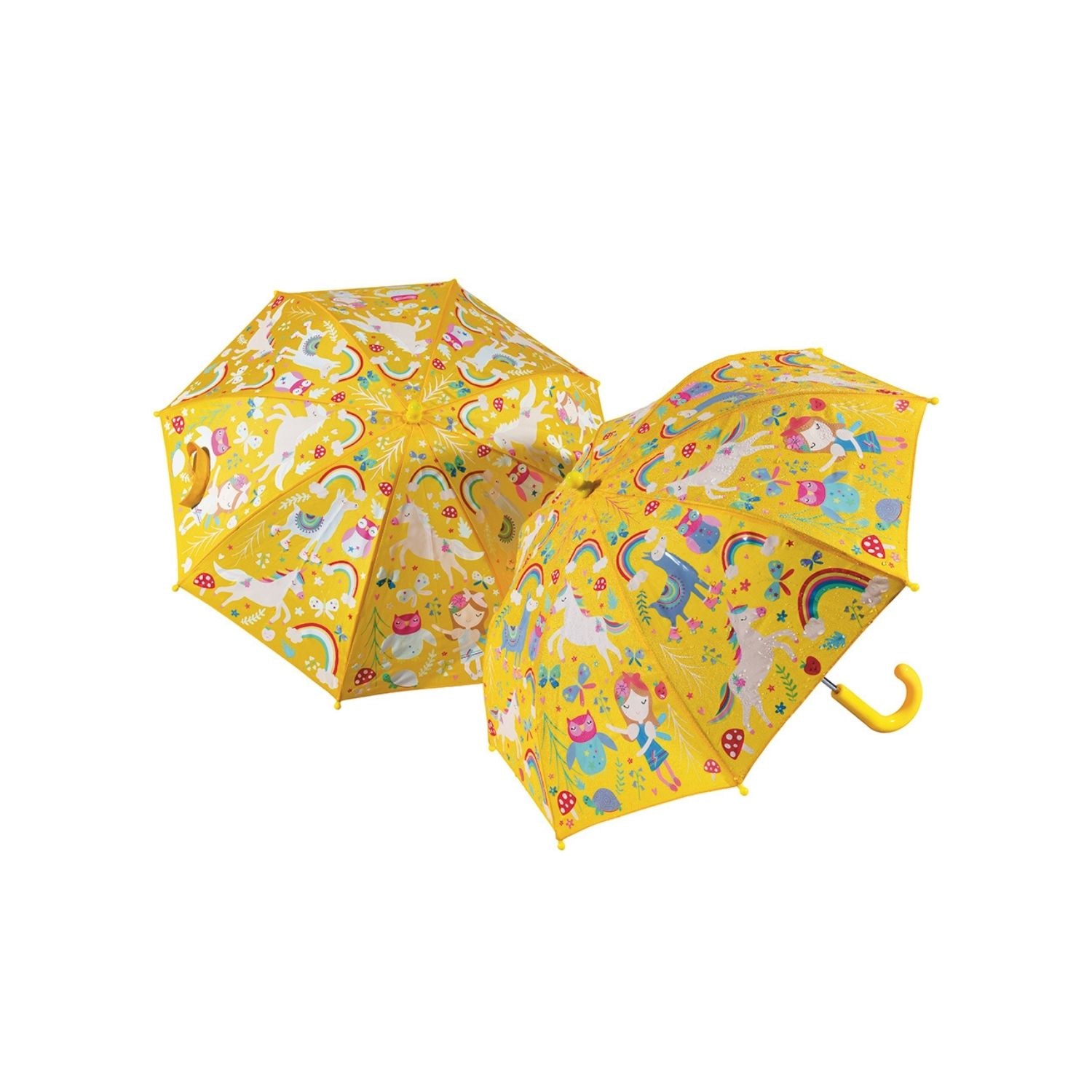 A colorful children's umbrella with a pattern of unicorns, rainbows, fairies, and llamas. The umbrella is shown both open and closed, with a yellow handle and multicolored panels.