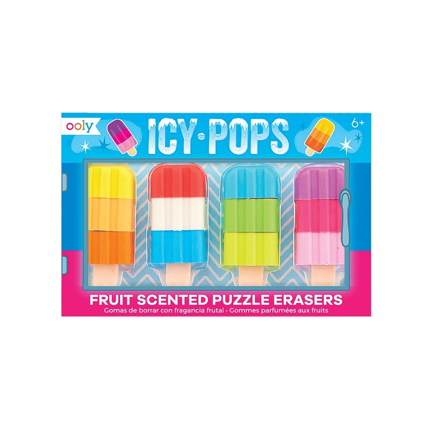 A pack of Icy Pops scented puzzle erasers in various colors, presented in a clear plastic packaging with the brand ooly visible at the top.