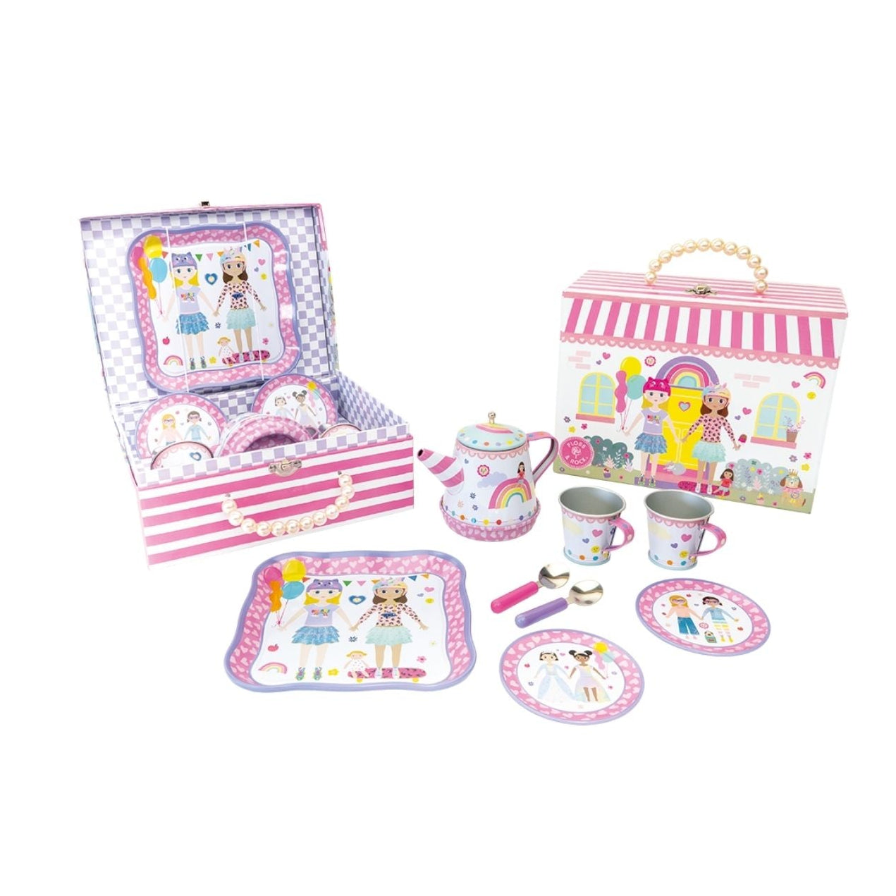 Children's tea set with pink and white striped box on a white background