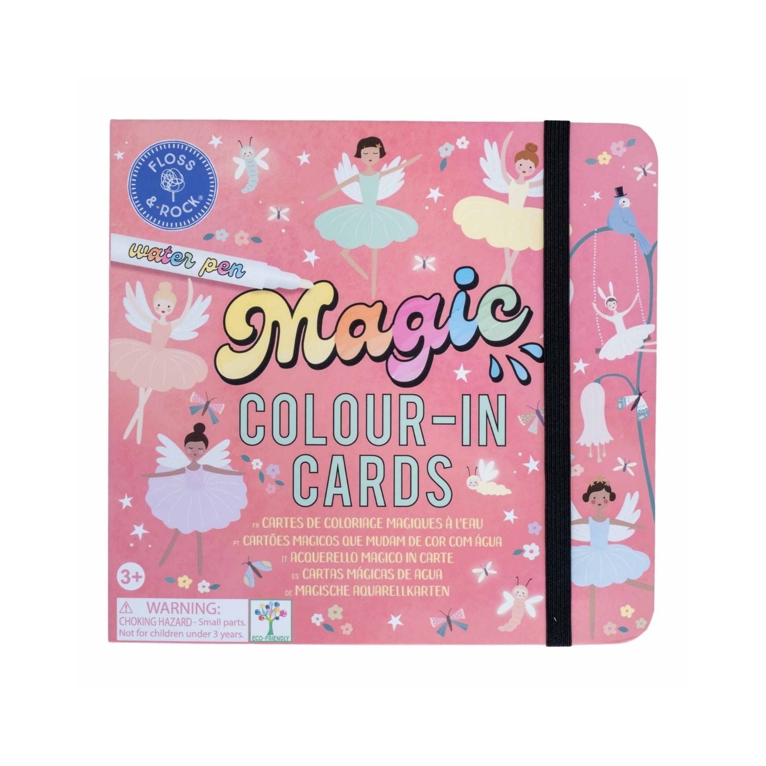 Pink 'Magic Colour-In Cards' book with fairy designs on a white background