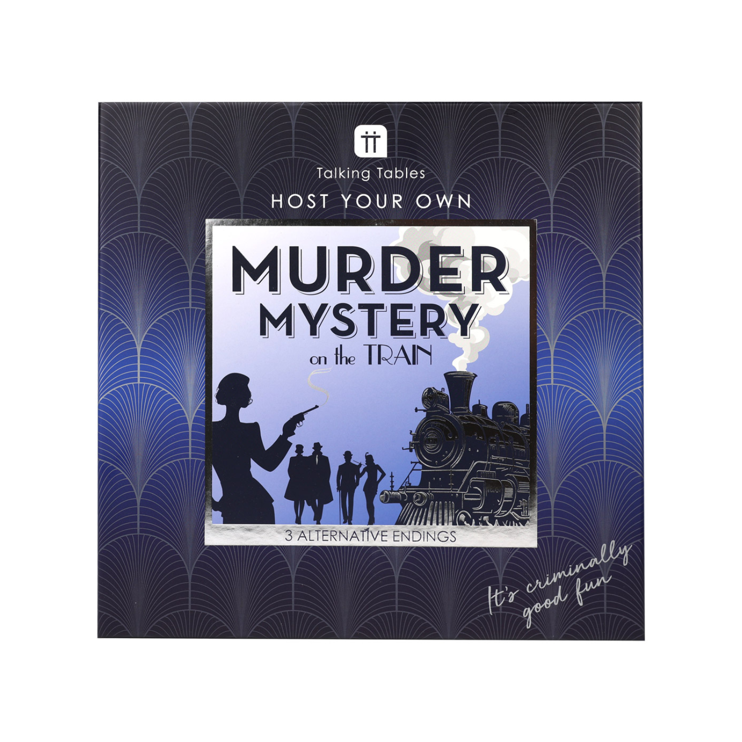 Box for 'Murder Mystery on the Train' game by Talking Tables with train and silhouette design.