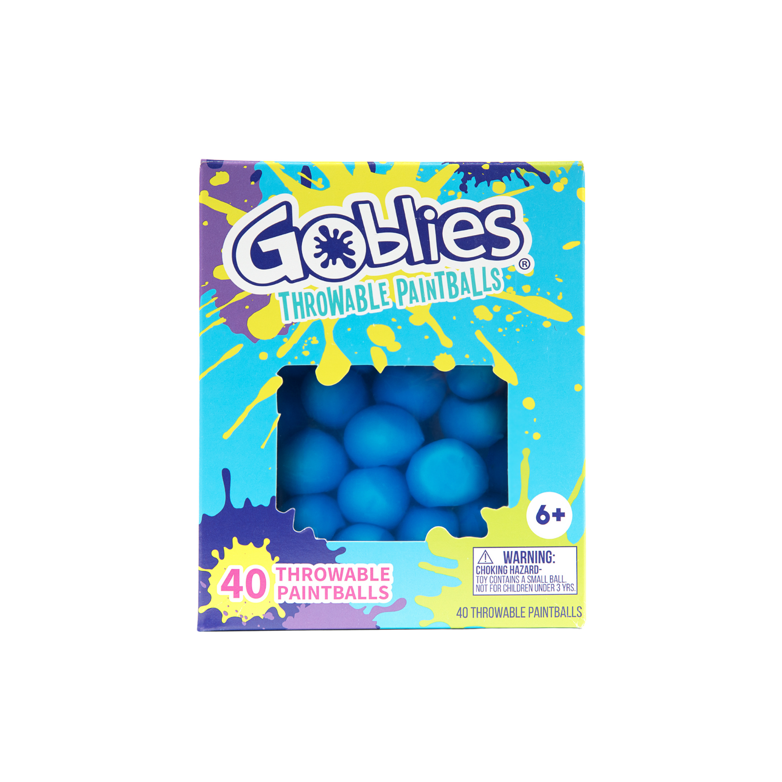 A package of Goblies Throwable Paintballs containing 40 blue paintballs displayed in front of a splashy background.
