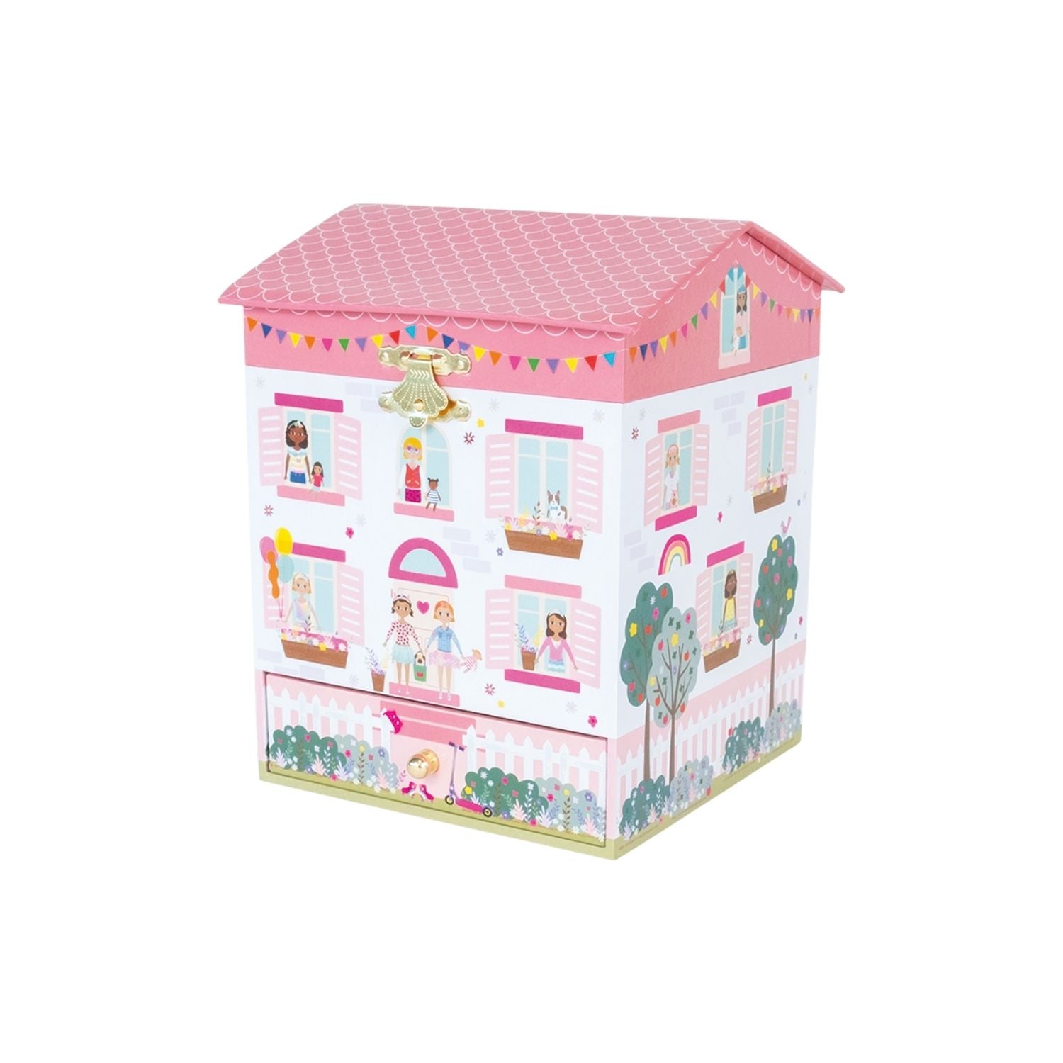 Toy box with a pink roof and colorful illustrations on a white background