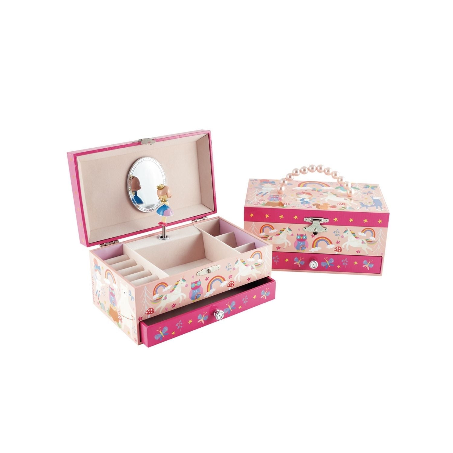 A musical jewellery box with a fairy design, opened to show the interior compartments and a small mirror, with the box's lid featuring a feather and pearl handle.