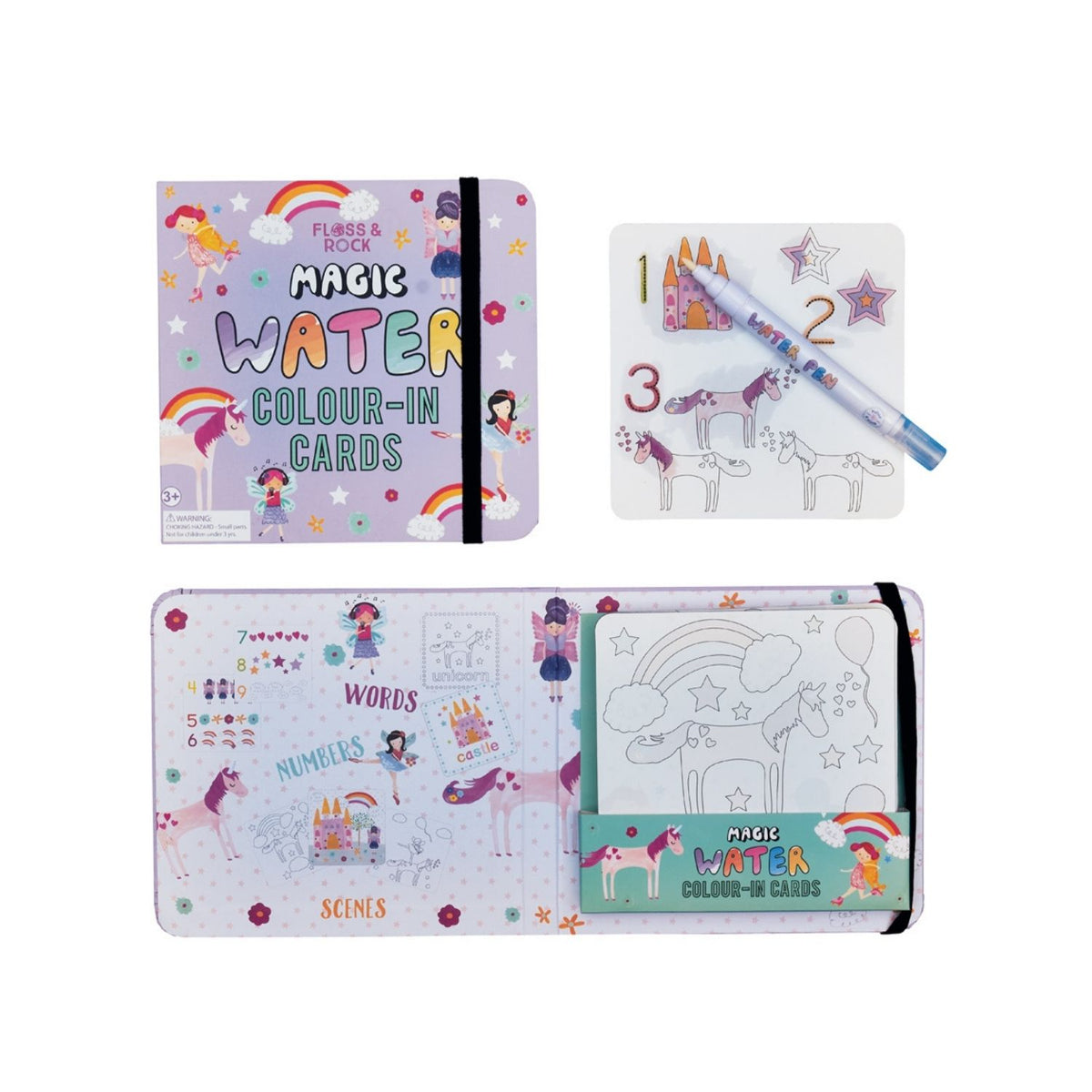 Set of magic water colour-in cards with a pen on a white background