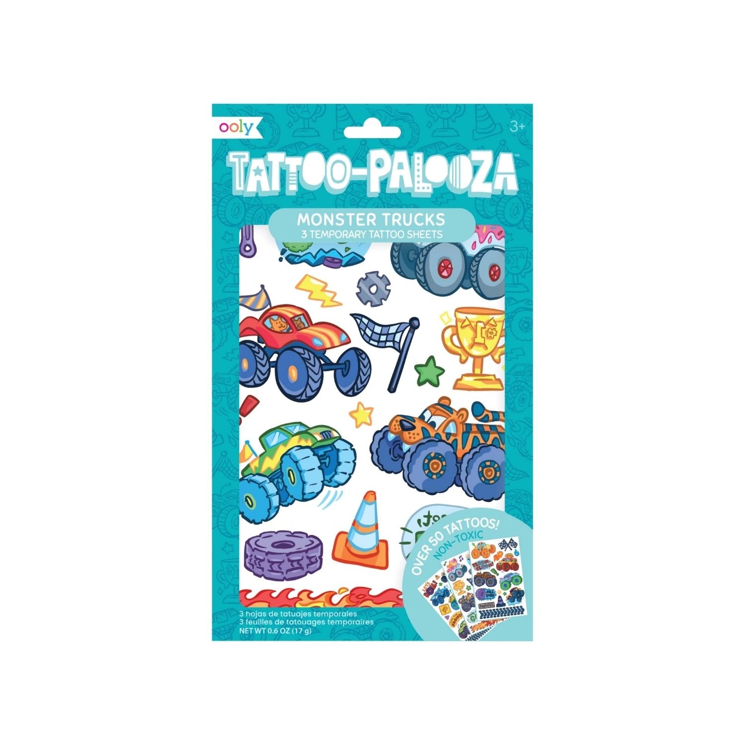Pack of 'Tattoo-Palooza' monster truck tattoos with colorful designs on a blue background.